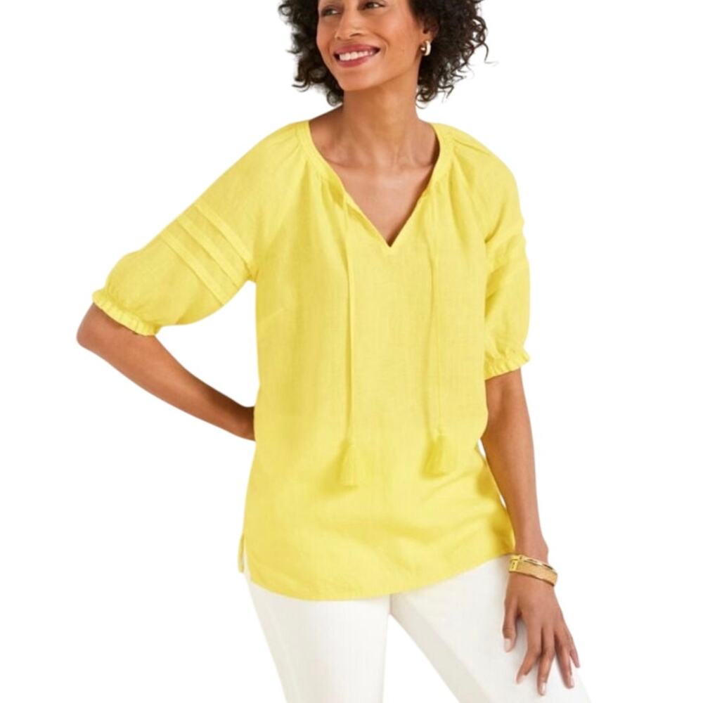 NWT Talbots Yellow Linen Tassel Pleats Sleeve‎ Top Plus Size 1X
